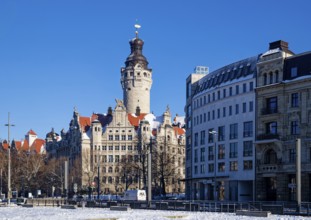 New Town Hall, monument by Hugo Licht, in winter with snow, Leipzig, Saxony, Germany