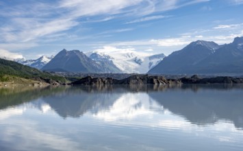 Mountain landscape reflected in glacial lake, Mount Blackburn and Kennicott Glacier, McCarthy Road,