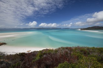 Sunny daytime view from Hill Inlet lookout over Whitehaven Beach, Whitsunday Island, Queensland,