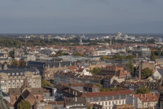 The stone balcony offers a view of the city of Strasbourg. Houses and buildings can be seen under a