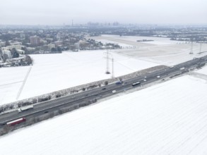 The fields in the north-west of Frankfurt am Main covered in snow. (Aerial view with a drone) On