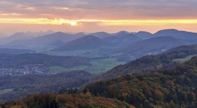 View of an autumnal forest from the Gisliflue, behind the Jurassic foothills in the light of the