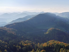 View of an autumnal forest from the Gisliflue, behind the Jurassic foothills with the Wasserfluh,
