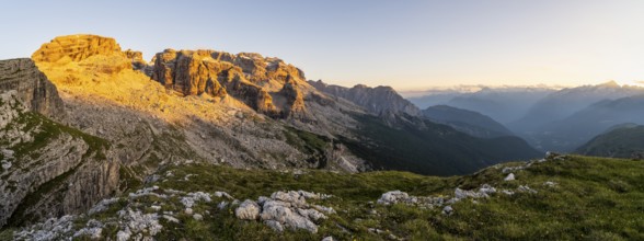 View of rocky mountain peaks of the Brenta Mountains at sunset, Alpenglühen, mountain landscape on