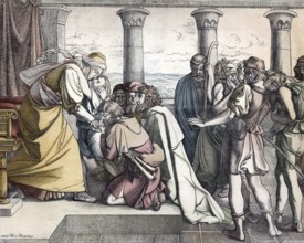 Scene from the biblical story, Joseph reveals himself to his brothers, authentic reproduction of a