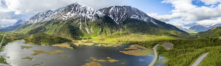 Lake Tern Lake and mountain landscape, aerial view, Moose Pass, Kenai Peninsula, Alaska, USA