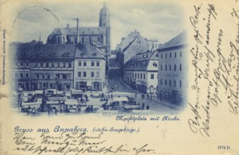 Annaberg in Saxony, town in the Ore Mountains, Erzgebirgskreis, Saxony, postcard, view around 1900