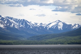 View over the Turnagain Arm estuary to the mountains of the Kenai Peninsula, Anchorage, Alaska, USA