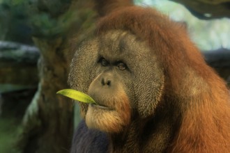 Borneo Orang Utan (Pan Paniscus), adult, male, portrait, feeding, endangered species, Borneo,