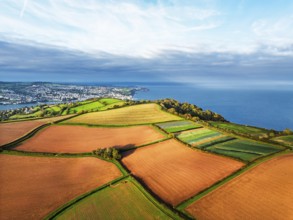Colours of autumn Fields and Farms over Sheldon from a drone, Torbay, Devon, England, United