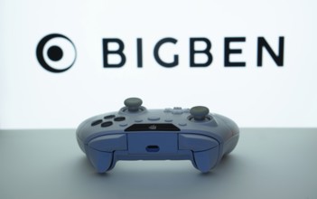 Dhaka, Bangladesh- 08 Apr 2025: A gaming controller in front of a Bigben Interactive screen