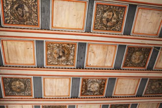 Inner view, Wood paneled ceiling with saints, Saint Giles or market church St. Aegidien, Osterode,