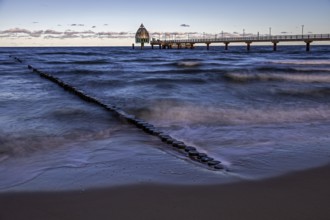 Groes and pier with diving gondola, long exposure, evening light, Zingst, Fischland-Darß-Zingst,