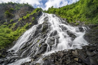 Bridalveil Falls waterfall, canyon, long exposure, Keystone Canyon, Richardson Highway, Alaska, USA