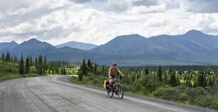 Young woman riding a bicycle on a dirt road through the tundra, mountainous landscape, Denali Park