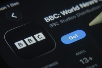 Dhaka, Bangladesh- 01 Dec 2025: A close-up of the BBC app icon in the App Store on an iPad screen