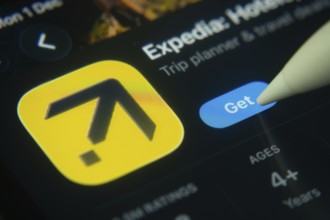 Dhaka, Bangladesh- 01 Dec 2025: A close-up of the Expedia app icon in the App Store on an iPad