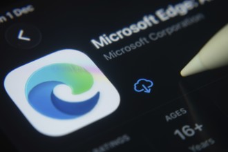 Dhaka, Bangladesh- 01 Dec 2025: A close-up of the Microsoft Edge app icon in the App Store on an