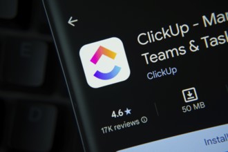 Dhaka, Bangladesh- 27 July 2025: ClickUp app from Google Playstore is displayed on a smartphone