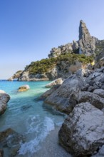 Light blue clear sea on a dream beach on Cala Goloritzé, picturesque rocky coast, steep coast with
