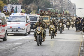 Damascus, Syria – December 08, 2025: A military parade by Syrian army units marking the first