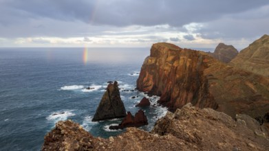 Sunset, rainbow at sea, volcanic peninsula, Ponta de São Lourenço, Ponta de Sao Lourenco, rocky