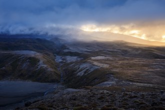 Volcanic landscape, Tama Lake Walk (Tama Lakes Track), evening light, sunset. Tongariro National