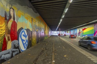 Huge street art pictures in a road tunnel in Gelsenkirchen, the approximately 120 meter long