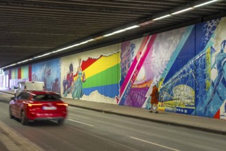 Huge street art pictures in a road tunnel in Gelsenkirchen, the approximately 120 meter long
