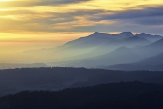 View of the Jura foothills from the Gisliflue, in the light of the setting sun, Talheim, Canton,