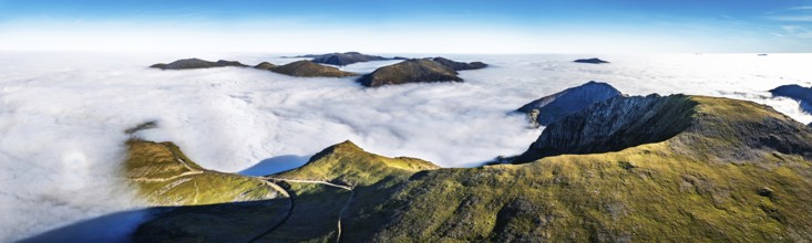 Snowdon Massif from a drone, Snowdon Range, Snowdonia, North Wales, UK