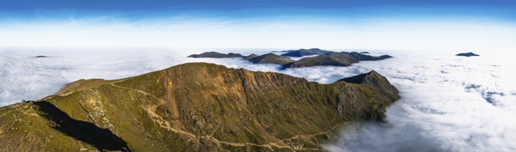 Snowdon Massif from a drone, Snowdon Range, Snowdonia, North Wales, UK