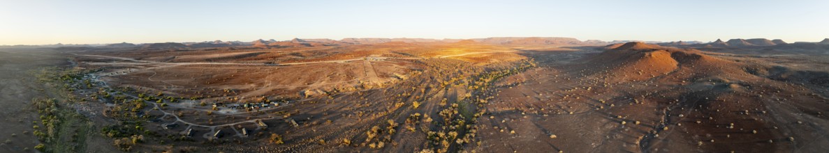 Aerial view, evening mood, hills and dry landscape near Palmwag, Kunene region, Namibia