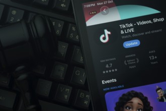 Dhaka, Bangladesh- 28 Oct 2025: An iPad displaying the TikTok app against a judge's gavel and dark