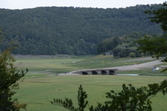 View of Old Bridge Asel, Edersee without water, Hesse, Germany