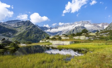 Picturesque mountain landscape, dammastock and damma glaciers reflected in Moorsee, Göscheneralp,
