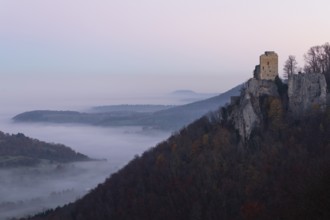 Sunrise with fog in the Neidlinger Valley with a view of the Reussenstein castle ruins. Swabian