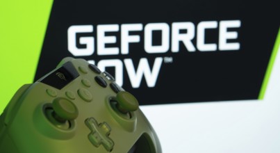 Dhaka, Bangladesh- 14 Nov 2025: A close-up of a gamepad with the Geforce Now seen on screen in the