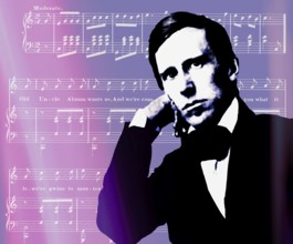 Portrait of Stephen Collins Foster with the sheet music of his minstrel song A soldier in the