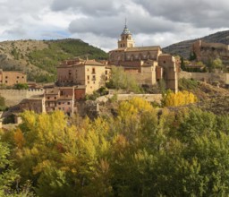 Historic buildings on hillside medieval village of Albarracin, Teruel province, Aragon, Spain