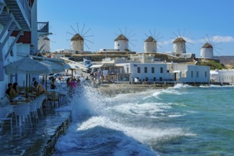 Mykonos, Cyclades, Greece - The six sixteenth-century windmills, lined up on a hill above Mykonos