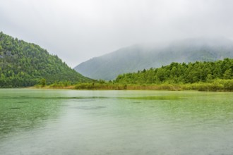 Landscape of Lake Offensee on a rainy day in spring, Salzkammergut, Austria