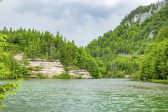 Landscape of Lake Elisabethsee on a rainy day in spring, Austria