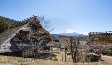 Iyashinosato open-air museum, old Japanese village with traditional houses, at the back volcano Mt.