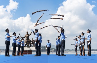 Indian Air Force personnel performs a bayonet drill demonstration on the bank of Brahmaputra river,