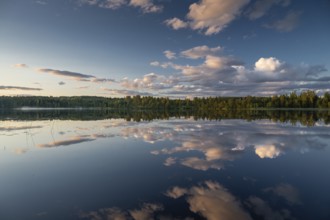 Clouds reflected on the water surface, forest lake, evening mood, at Sunne, Sweden