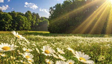 A sunlit meadow with daisies against a forest backdrop under a blue sky, Late summer country