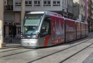 Light rail tram city public transport system CAF Urbos 3 trams, Tranvía de Zaragoza, Zaragoza,
