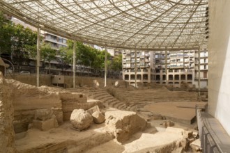 Covered ruins of Roman theatre amphitheatre, Zaragoza, Aragon, Spain