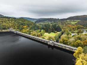 Llyn Brianne Dam and Reservoir from a drone, Lake Vyrnwy, Powys, Wales, England, United Kingdom